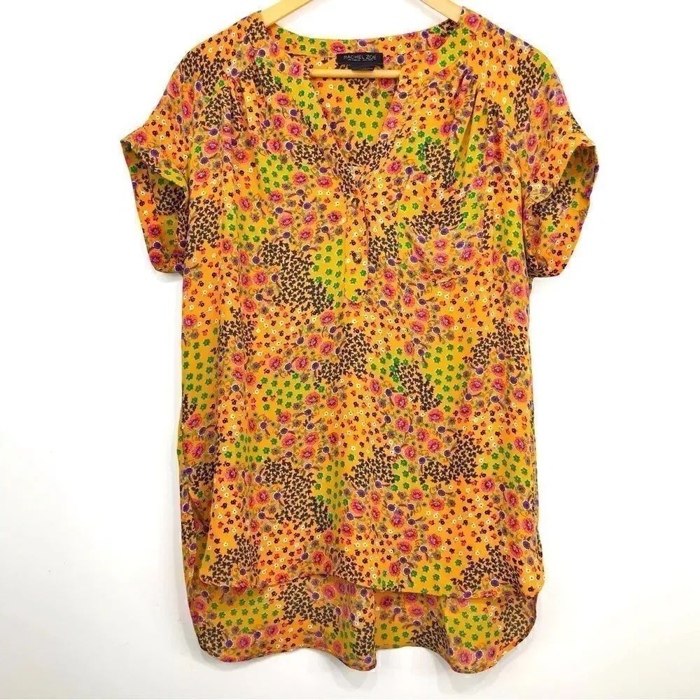 Rachel Zoe Orange Colorful Floral Lightweight Popover Blouse